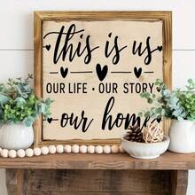 This Is Us Our Life Our Story Our Home" Rustic Wooden Wall Sign - 8x8 Inch Framed Decor With Heart Accents For Entryway, Living Room, Kitchen, Bedroom - Ideal Housewarming Gift, Housewarming Gift| Welcoming Accent| Charming Design, Wall Deco - 8x8英寸 - 查看 1