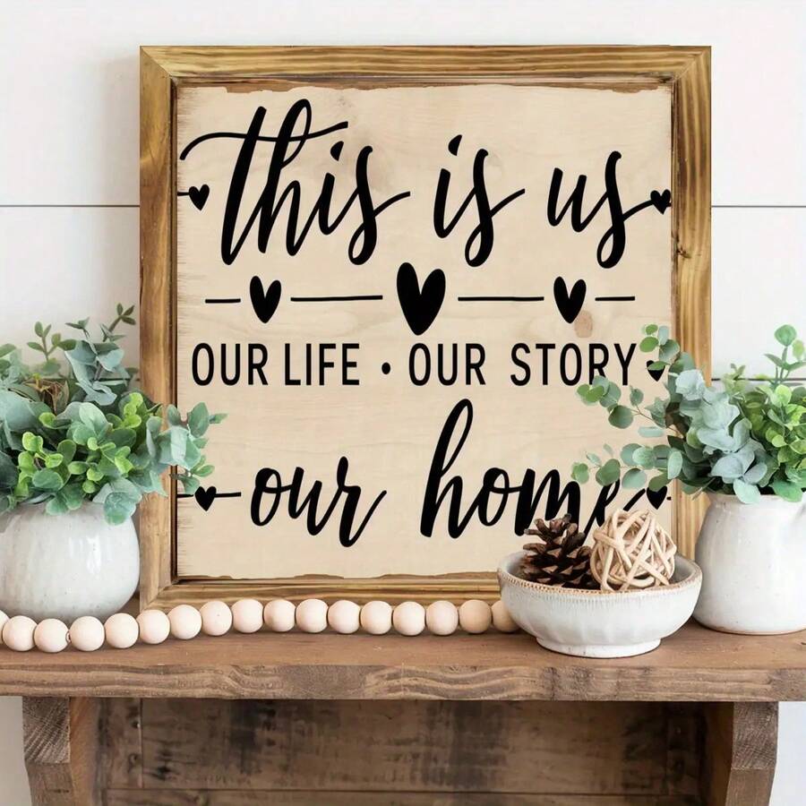 This Is Us Our Life Our Story Our Home" Rustic Wooden Wall Sign - 8x8 Inch Framed Decor With Heart Accents For Entryway, Living Room, Kitchen, Bedroom - Ideal Housewarming Gift, Housewarming Gift| Welcoming Accent| Charming Design, Wall Deco - 8x8英寸 - 查看 1