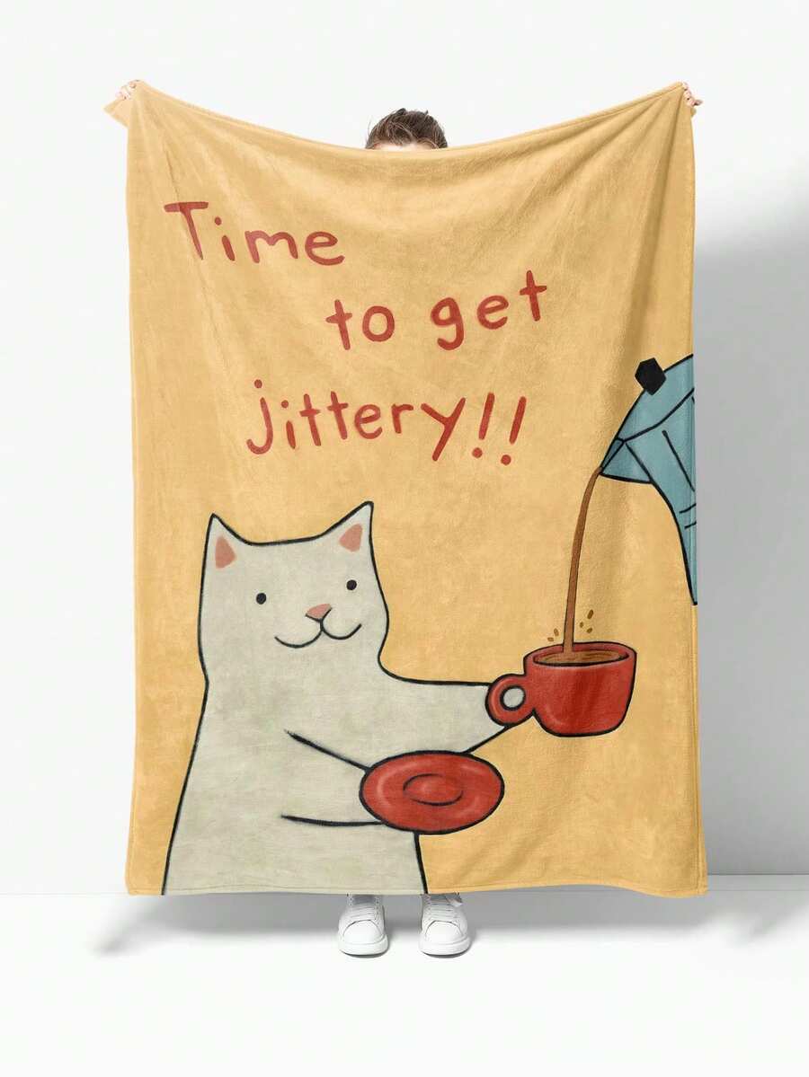 1 pieza Manta de franela con patrón de gato de dibujos animados y café, decoración del hogar, picnic, viaje, manta suave, regalo acogedor para familia, amigos, usted mismo, uso diario/festivo/conmemorativo, para todas las estaciones