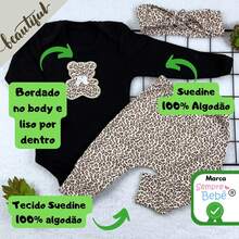 Sempre Bebê Baby Girl Clothes Set Kit, Female Long Sleeve Bodysuit, Blogger Pants, Outfit, Bear, Leopard Bow Set - 米色 - 查看 3