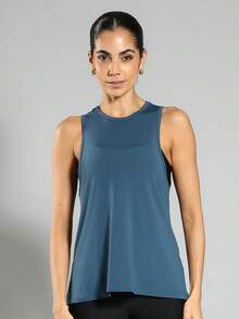 FITNATION Elongated Fitness Tank Top In Perforated Fabric With LYCRA, Ideal For All Sports - Teal Blue - View 3