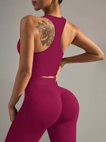 Yefecy Women's Fitness Set, Including Sports Bra And Butt-Lifting High-Waist Leggings, Seamless Design - Burgundy - View 8