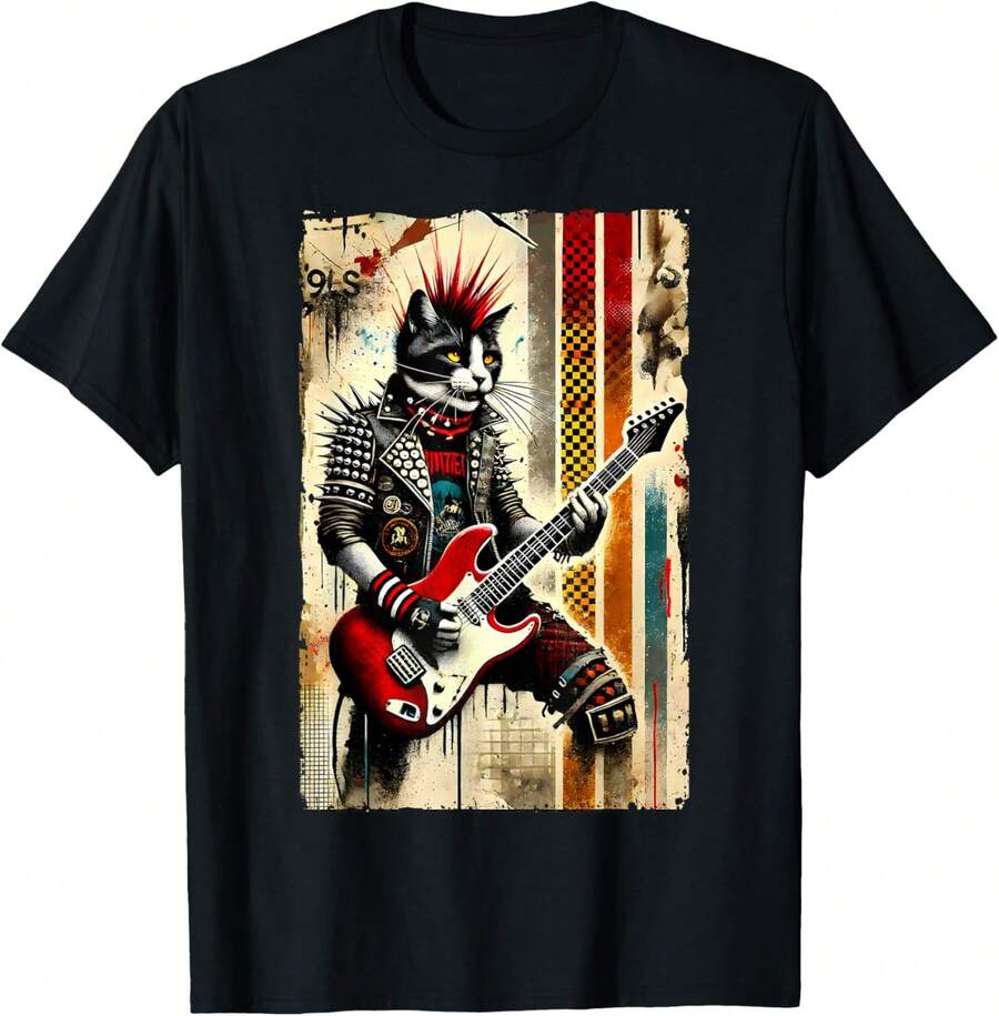 Distressed Cat Playing Guitar - 90s Punk Rock Grunge Vintage T-Shirt - màu đen - Xem 1