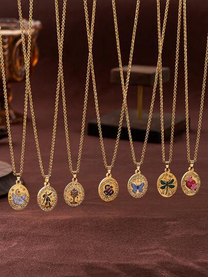 1件时尚复古金椭圆形镶嵌锆石蝴蝶天鹅蜻蜓石榴蛇不锈钢彩绘项链，18k电镀金，彰显魅力与个性，适合女性日常穿衣装饰、派对、音乐节。镀金首饰，女士首饰。