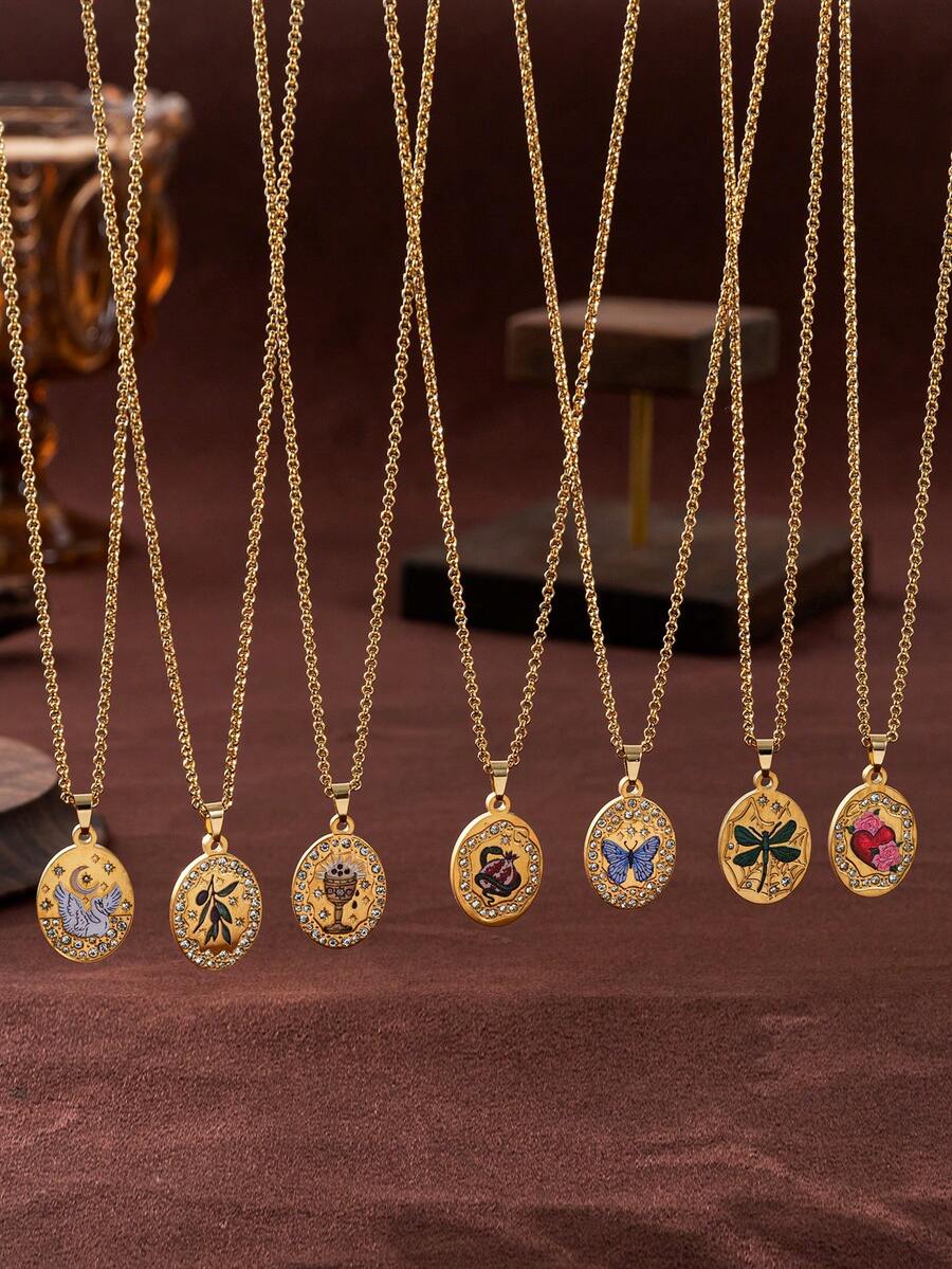 1pc Fashionable Retro Gold Oval Inlaid Zirconium Butterfly Swan Dragonfly Pomegranate Snake Stainless Steel Painted Necklace, Electroplated 18k Gold, Showcasing Charm And Personalized, Suitable For Women's Daily Dressing Decoration, Parties, Music Festivals. Gilded Jewelry, Ladies' Jewelry.
