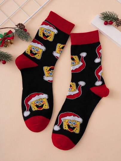 SPONGEBOB 1 Pair Men's Interesting Personalized Cute Christmas Spongebob Series Santa Hat Pattern Mid-Calf Socks, Unisex, Sports Style, All Season, European & American Size, Comfortable Breathable Durable, Colorful, Suitable For Daily Wear, Premium Fabric, Non-Stuffy