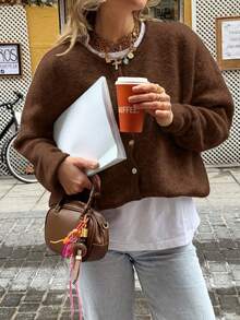 FOR BEAUTY Solid Color Cardigan, Fashionable Elegant Minimalist Casual Style, Long Sleeve Knit Top Suitable For All Seasons - Chocolate - View 5