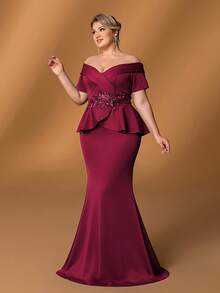 Faeriesty Mosy Plus Off Shoulder Short Sleeves Floral Applique Memaid Hem Mother Of The Bride Dress&Formal Evening Dress