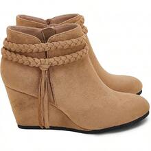 Womens Wedge Ankle Boots Braided Fringe Strap Western Heeled Fall Booties Dress Shoes - 2-棕色(仿麂皮) - 查看 2