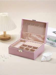 1pc Dual Layer Large Capacity Jewelry Box, Minimalist Leather Jewelry Storage Box, Portable Solid Color Rectangular Jewelry Organizer, Vanity Jewelry Box With Drawer, PU Leather Travel Jewelry Box, Convenient For Travel, Dual Layer Storage Box, Large Capacity For Earrings, Necklaces, Bracelets