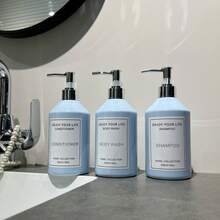 3pcs 500ml/16oz Light Blue Slanted Shoulder Large Capacity Refillable Bottles With Silver Pump Heads, Suitable For Shampoo, Body Wash, Conditioner, Bathroom Storage Set With Waterproof Labels