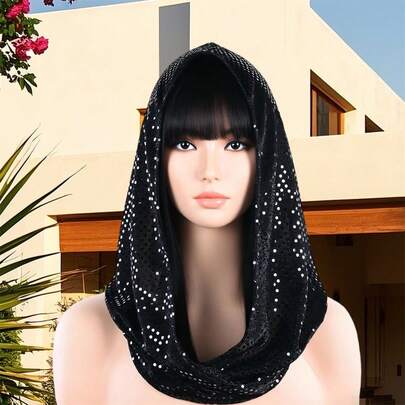 Women's Black Sequin Headscarf Soft Lightweight Head Wraps Fashion Headwear For Party, Daily Wear