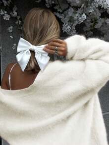 大码女式纯色落肩长袖单排扣休闲开衫，优雅别致的人造毛皮毛衣，白色 - 白色 - 查看 5