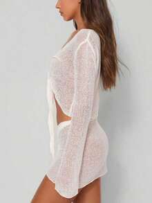 Women Beach Vacation Solid Long Sleeve Sexy Front Knot Cover Up And Mini Skirt 2-Piece Set - White - View 2