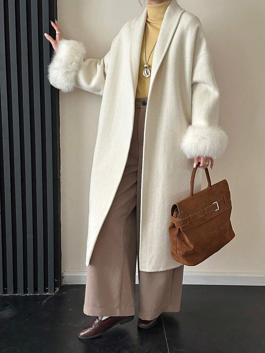 女士经典披肩领系腰长款双面羊毛大衣，秋冬季休闲加长外套