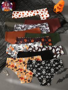 12 peças/pacote Calcinhas Sem Costura Femininas de Halloween com Estampa de Abóbora e Caveira