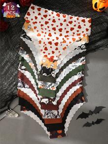 12 peças/pacote Calcinhas Sem Costura Femininas de Halloween com Estampa de Abóbora e Caveira