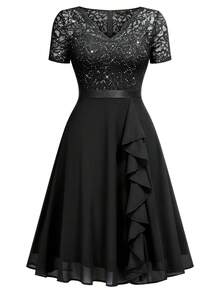 MIUSOL Elegant Women's V-Neck Contrast Lace Sequin Black Flowy Chiffon Swing Dress, Ruffle Trim Ruched Hem, For Wedding Guest, Prom, Homecoming, Birthday Party - màu đen - Xem 7