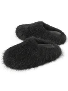 Women Fussbett Sabot Loafers Red Fluffy Furry Half-Covered Outdoor Flats Fashion Design Luxury Cosplay Gothic Halloween Shoes - 黑色 - 查看 1