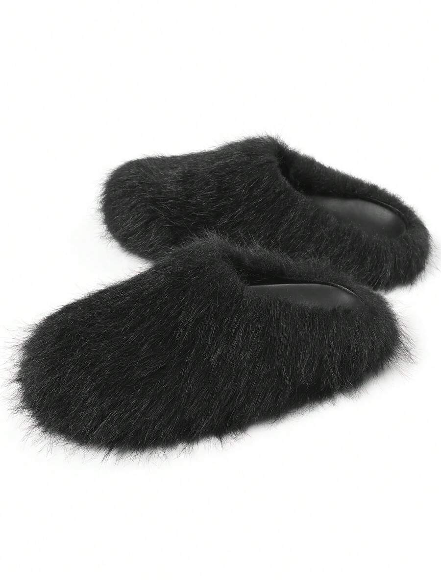 Women Fussbett Sabot Loafers Red Fluffy Furry Half-Covered Outdoor Flats Fashion Design Luxury Cosplay Gothic Halloween Shoes - 黑色 - 查看 1