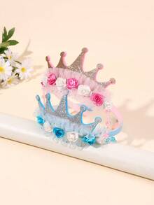 تاج من التول الوردي والأزرق 1 قطعة/2 قطعة، شريط شعر مزين بالزهور، إكسسوارات شعر أنيقة للبنات والمراهقات هدايا لحفلات عيد الميلاد