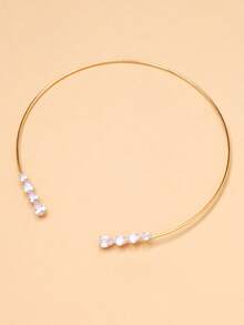 Stonefans Fashion Waterdrop Rhinestone Necklace, Metal Ring Minimalist Open Collar Twist Necklace For Women - Gold - View 4