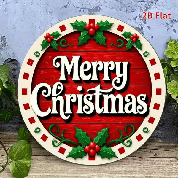1pc Vintage Christmas Metal Wall Decor - Red Background Green Leaf Merry Christmas Sign - Heavy Duty Indoor Outdoor Holiday Decoration - Weather Resistant Home, Garden, Cafe, Bar Hanging Ornament - Pre-Drilled Easy Hanging No Wiring Needed - Holiday Atmosphere Decor, Random Hole Position