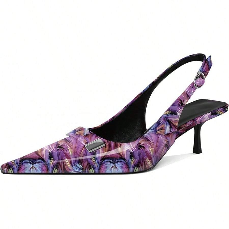 Women's Pointed Toe Slingback Heels Metal Buckle Ankle Strap Kitten Low Heel Pumps 2 Inch Stylish Retro Women Shoes-20256688 - 漆皮花紫色 - 查看 1