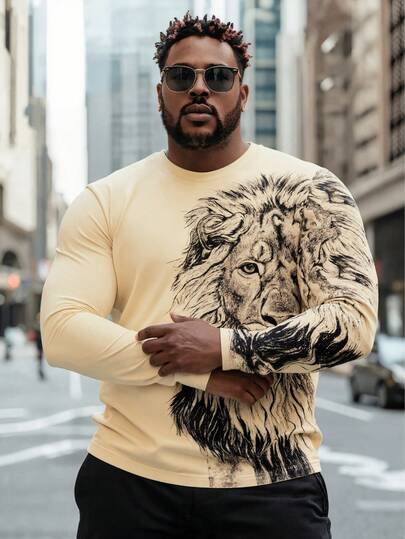 男士大号酷炫狮子印花长袖T恤，轻盈透气，休闲时尚，适合户外运动、旅行，也可作为礼物送给朋友或男朋友。
