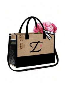 字母帆布手提袋套装，包含化妆包、洗漱包、钱包和个性化礼品袋，时尚休闲单肩包，适合婚礼、生日、海滩、度假、节日、上学等场合，是送给女性、妈妈、老师和朋友的绝佳礼物。 - 彩色 - 查看 58