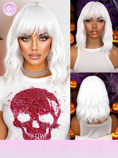 Costumes d'Halloween Perruque blanche bouclée courte de 12 pouces avec frange pour femmes. Perruque synthétique au look naturel pour usage quotidien, fête, cosplay. Perruque de haute qualité, confortable et résistante à la chaleur. Perruque élégante pour femmes, indispensable pour les vacances