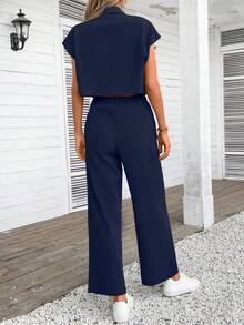 2 Peças Conjunto de Roupa Casual de Tecido Trançado - Camisa de Manga Curta e Calça, Versátil e Prático, Estilo Urbano Chique