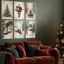 1 szt., płótno ścienne, dekoracje świąteczne, oprawione ozdoby świąteczne, śnieżny zimowy krajobraz, Święty Mikołaj, wystrój świąteczny w stylu rustykalnym, wystrój bożonarodzeniowy w stylu vintage, bałwan, choinka, pociąg świąteczny, dekoracja pokoju bożonarodzeniowego, wystrój salonu