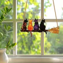 Whimsical Cat With Broom Suncatcher - Colorful Hanging Ornament For Garden Window Wall Decor, No Installation Needed