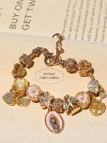1pc Religious Virgin Mary Charm Bracelet, 1pc Religious Cross Bracelet, 1pc Fashion Sakura DIY Bracelet, 1pc Fashion Heart Lock & Key Bracelet - 金子 - 查看 7