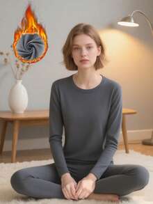 女款保暖發熱內衣套裝，極簡黑色圓領長袖上衣 + 長褲 | 內層保暖，超強保溫，透氣修身 | 適合居家休閒、城市通勤、滑雪、徒步與攀登 | 防靜電、快乾技術 | 秋冬、聖誕節及各種節日的冬季必備單品 - 灰色 - 查看 6