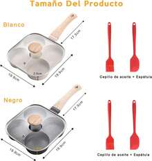 Sartén Multifuncional de Cuatro Agujeros, Sartén Antiadherente de Cuatro Agujeros para Hamburguesas (Negro) con Tapa de Vidrio, Sartén de Aluminio con Cepillo y Espátula de Silicona - blanco - Ver 3