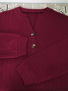 Plus Size Women V-Neck Button Casual Long Sleeve Pullover Top Spring - Wine Red - View 5