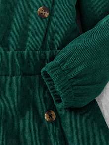 Young Girl Elegant Corduroy Christmas Beret Dress, With Refined Button Design And Corduroy Fabric, Round Neck Long Sleeve A-Line, And Elegant, Suitable For Christmas Parties And Daily Wear - Green - View 6