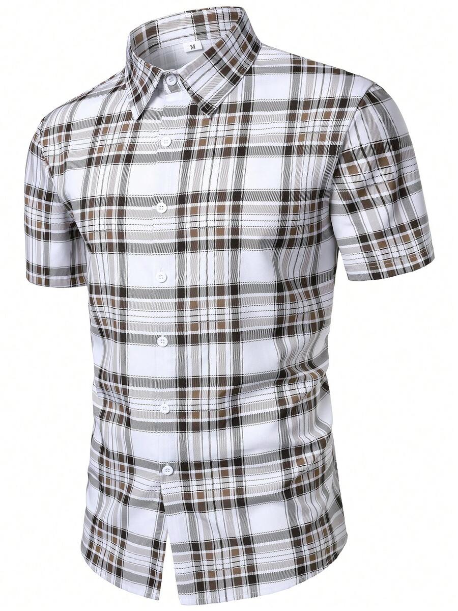 男士鈕扣短袖格子襯衫,聚酯纖維輕量休閒度假格紋襯衫 - 棕色 - 查看 1