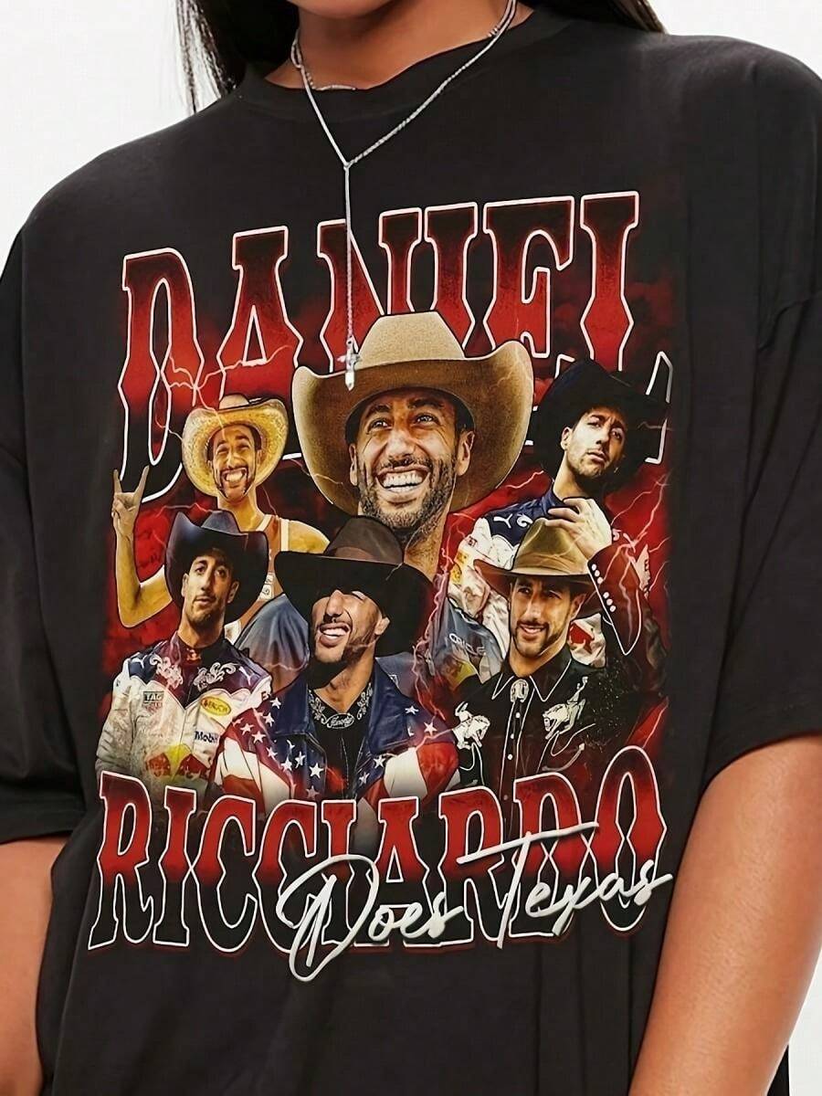 Daniel Ricciardo Texas Shirt, Shirt Cistmas , 90s Vintage Fanheavy-Duty Pure Cotton T-Shirt, Fashionable And Comfortable Wo's Cotton T-Shirt, Suitable For Weekends, Travel, Shopping, Outdoor Activities Or Leisure, High-Quality Durable Fabric Suitable For All Seasons, Fashionable Top, - 黑色4 - 查看 1