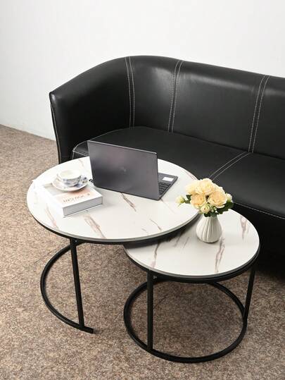 Super life Nesting Coffee Tafel Set Of Two, Round Table, Wooden Marble Top Sturdy Metal Frame, Side Living Room, Bedroom, Balcony Patio view 10