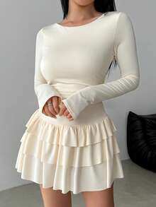 1 peça elegante vestido curto casual de malha com várias camadas e babados, adequado para outono/inverno, feriados, festas de aniversário, uso diário