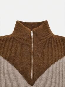 Women's Turtleneck Color Block Zip-Up Loose Casual Sweater And Drawstring Waist Wide Leg Knit Pants Set