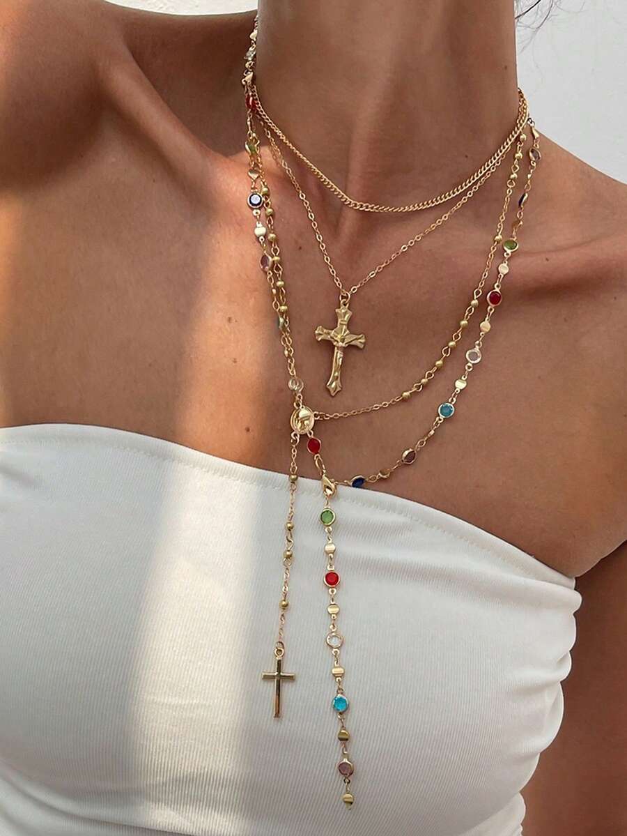 Conjunto de collar de aleación con cruz vintage en forma de Y decorado con rhinestones para mujeres