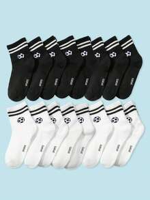 8 Pares de Meias Infantis Listradas Simples e com Estampa de Texto em Inglês, Meias Versáteis de Cano Médio para Meninos e Meninas Adolescentes, Adequadas para Uso Casual Diário com Gráfico de Futebol