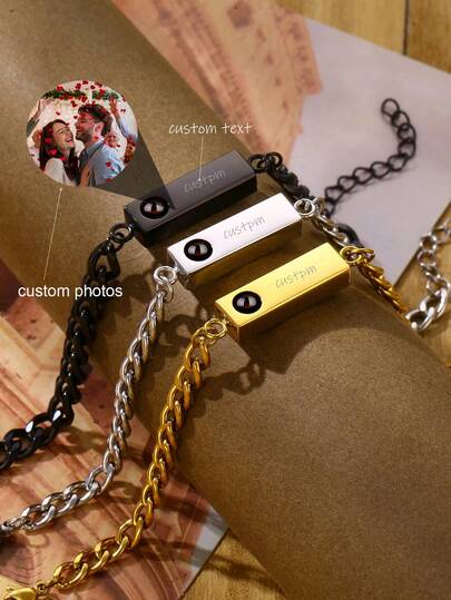 Pulsera de proyección de foto personalizada, pulsera de eslabón cubano de acero inoxidable con nombre personalizado, regalo de pareja para el Día de San Valentín