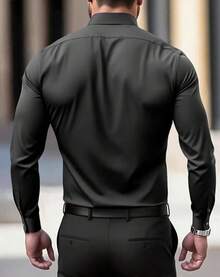 Men's Wrinkle Dress Shirts Formal Long Sleeve Button Down Wedding Business, Style - Black - View 2