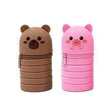 1/2/5个装可折叠卡通硅胶笔袋，心形猫咪、狗狗、小熊图案，柔软可扩展笔袋，两种款式：直筒型、可折叠型、文具袋 - 彩色 - 查看 18