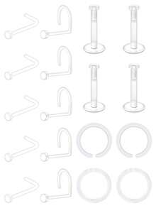 13pcs Casual Transparent Plastic Piercing Jewelry Set, Suitable For Women's Daily Commute Wear, Includes 20G Transparent Nose Ring, Nose Septum Ring, Ear Cartilage Ring, Lip Stud, Eyebrow Ring, Etc. - Clear - View 13